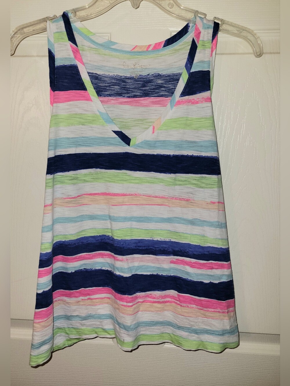 Lilly Pultzer Colorful Stripe Cotton Pullover Swing Tank Top Sz Large (Tiny Hole